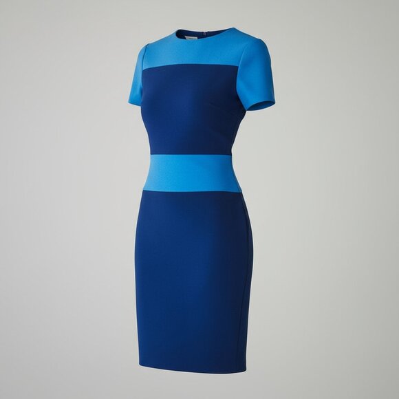 Colorblock Blue Pencil Dress Zip Back Fitted Midi Size M - Picture 1 of 2